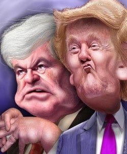 In 2011, Newt Gingrich and Donald Trump were said to be surging contenders in the New Hampshire primary. (photo credit: flickr/DonkeyHotey)