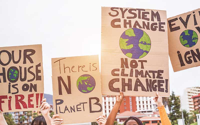 several protest signs featuring slogans such as system change not climate change