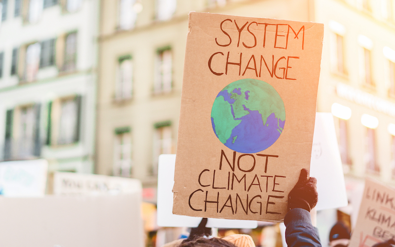 Person holding up a painted sign that says "systems change, not climate change."