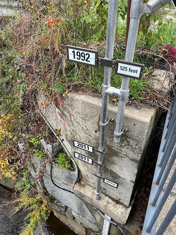 A flood marker in Winooski, Vermont