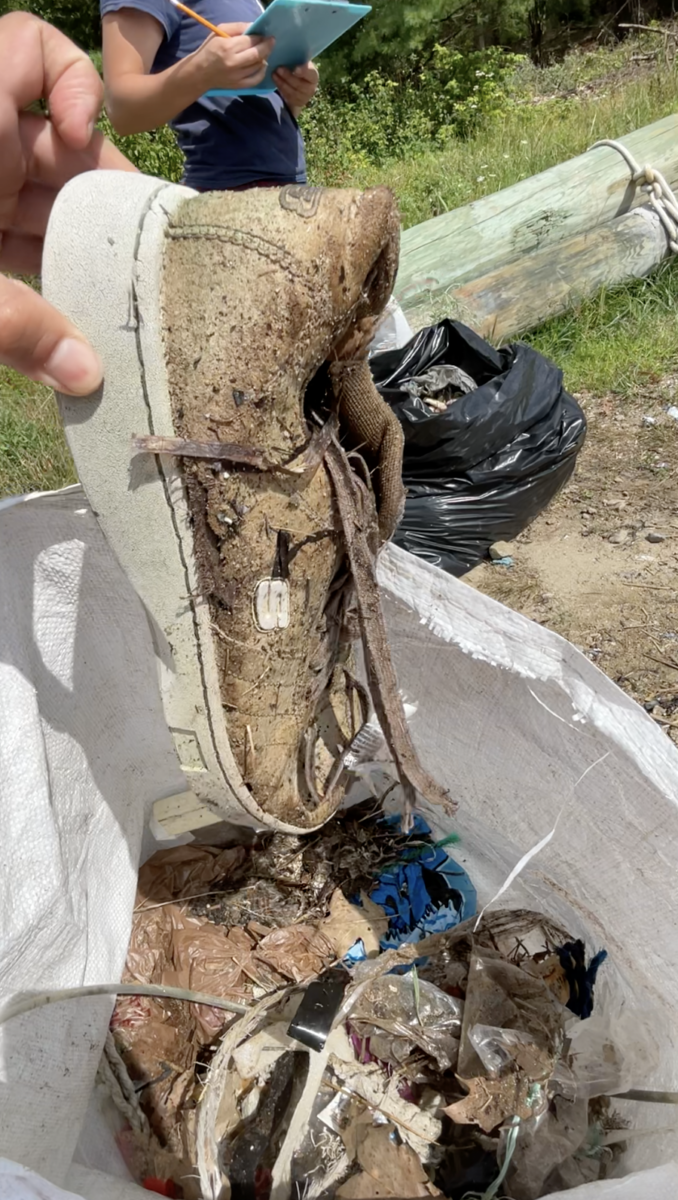 Dirty sneaker on a trash bag.