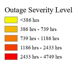 A legend explaining the outage severity level in Massachusetts communities.