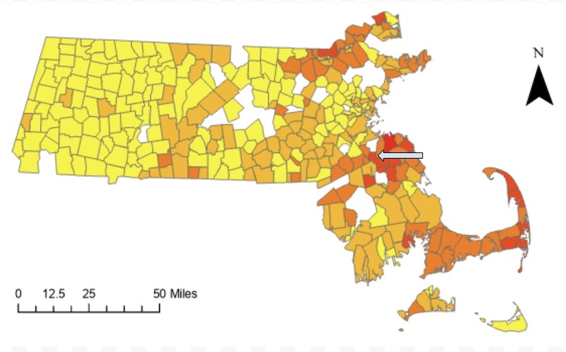 A map of Massachusetts depicting the average total customer outage hours.