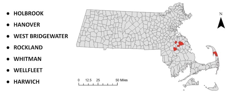 A map of Massachusetts showing the seven towns chosen for climate-resilient infrastructure.