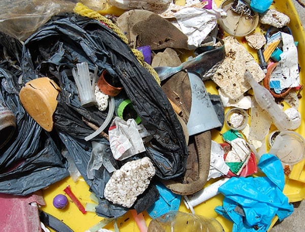 Pieces of dock foam among other plastic pollution in a trash bag