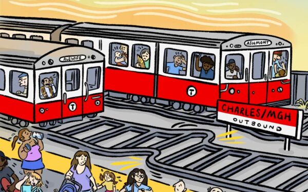 Illustration of MBTA red line train during the summer. Passenger experience dehydration and other heat-related issues.