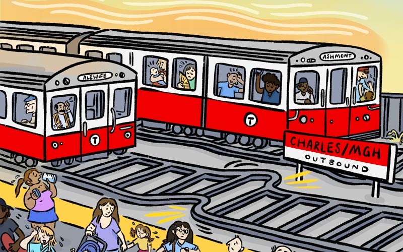 Illustration of MBTA red line train during the summer. Passenger experience dehydration and other heat-related issues.