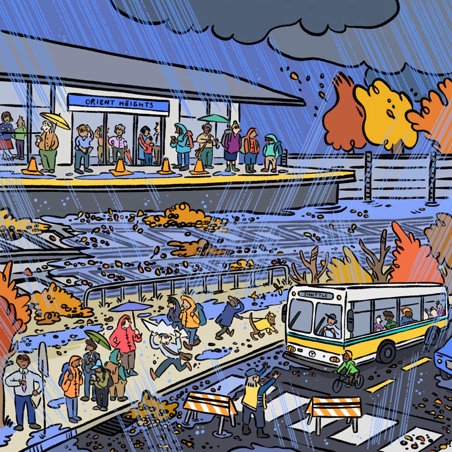 Illustration of heavy rainfall at the Orient Heights train station in East Boston. On the puddle covered platform with bright orange cones, people wait for the train. On the train tracks, piles of fall foliage have clogged the drains. The tracks are now under water. Across the street, a shuttle approaches a stop. Ahead of the shuttle, an officer reroutes traffic away from a flooded street. 