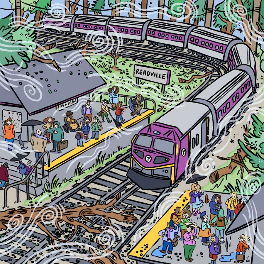 Illustration of purple commuter rail train at the Readville station during a windy spring day. The heavy winds have taken down a tree, which now obstructs the tracks ahead of the arriving train. On the platforms, a diverse group of people fight with the wind, holding to their umbrellas, and hats as they wait for their ride. 