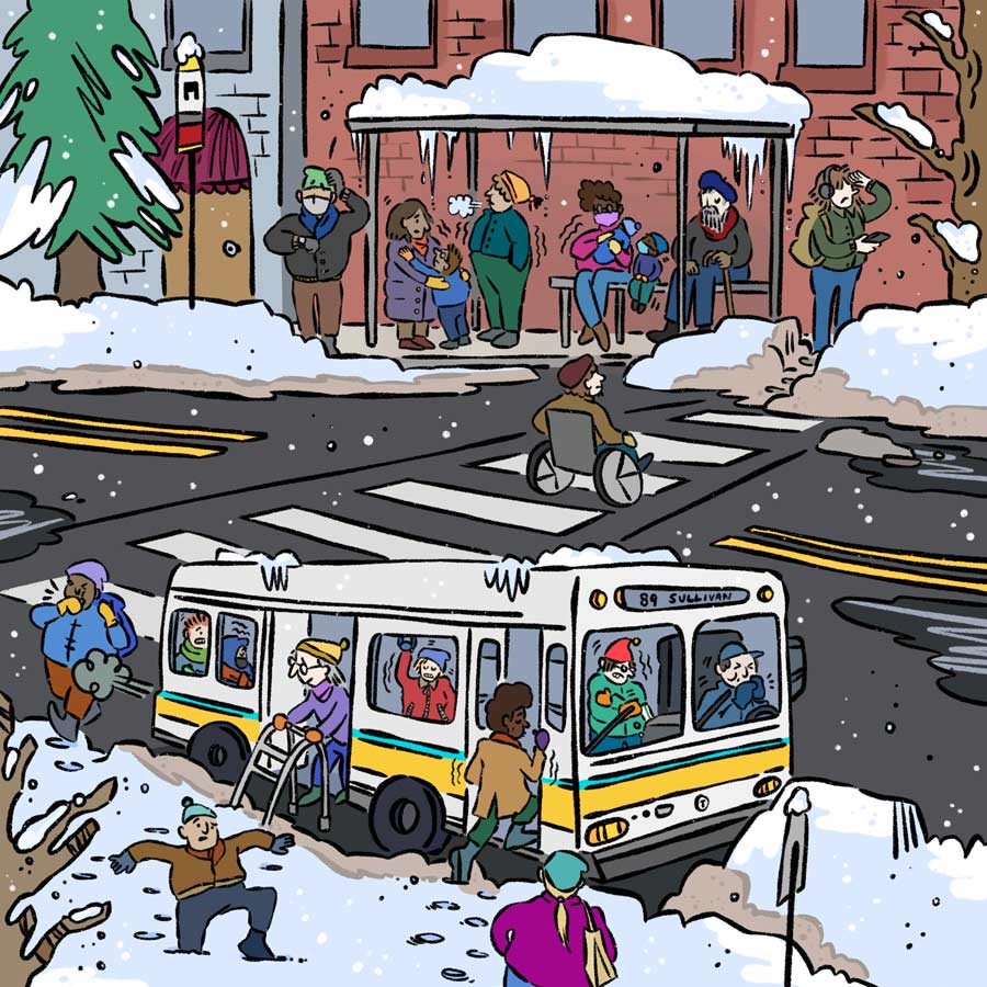 Illustration of cold winter morning. On the background, bus riders await at a bus stop while shivering and hopelessly looking for updates on their phones, watches, and street signs. Crossing the street, a person on a wheelchair attempts to get on a snowdrift-covered sidewalk. On the foreground, across the street, passengers board and exit route 89 bus. Passengers inside shiver and cough. Behind the bus, a pedestrian coughs due to tailpipe pollution. Slush and snow cover paths, signs, and trees. 