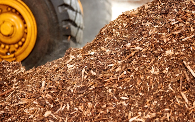 A pile of wood chips, increasing in height as it continues towards the right. A vehicle tire is behind it.