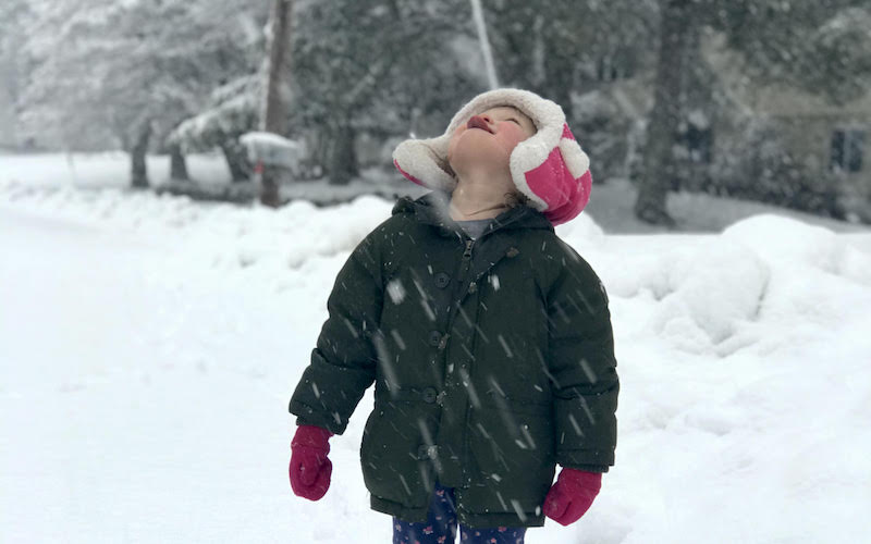 Katherine's young daughter in the middle of a mild snow flurry. She is wearing a black jacked with a white fur collar along with pink hat that covers her ears and pink gloves. Her tongue is out catching snowflakes as she looks up towards the sky. The background shows tree trunks and the ground covered in snow.