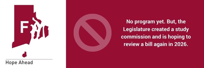 Map of Rhode Island labeled with a grade of F, captioned “Hope Ahead.” The state does not currently have a bottle redemption program. However, the Legislature has created a study commission and plans to revisit a bottle bill in 2026.