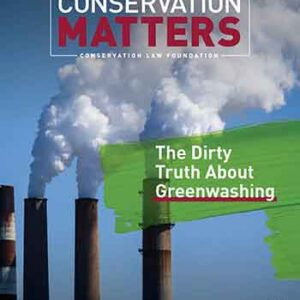 Image shows the cover of a newsletter with the words Conservation Matters and Conservation Law Foundation at the top. A photo shows three smokestacks spew white clouds of smoke against a blue sky. "The Dirty Truth about Greenwashing" is written against a swatch of bright green paint.