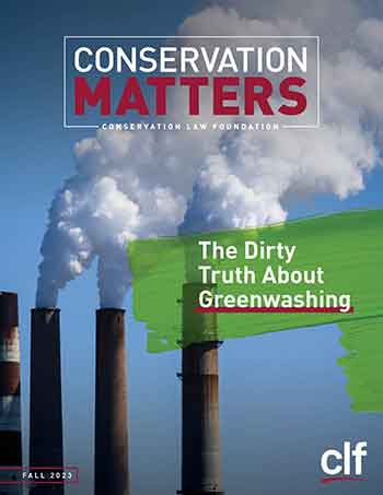 Image shows the cover of a newsletter with the words Conservation Matters and Conservation Law Foundation at the top. A photo shows three smokestacks spew white clouds of smoke against a blue sky. "The Dirty Truth about Greenwashing" is written against a swatch of bright green paint.