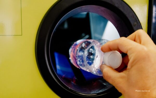 Photo of hand putting empty plastic bottle inside bottle return program machine.