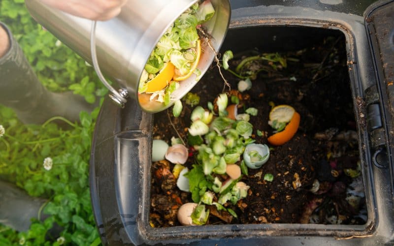 Photography of person emptying a metal bin of food waste into a composting receptacle.