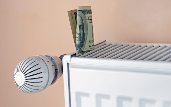 The top of a white thermostat is shown against a beige wall. Only the adjustment knob, the top, and the vents are visible. Inside one of the vent grills is a folded 100 dollar bill.