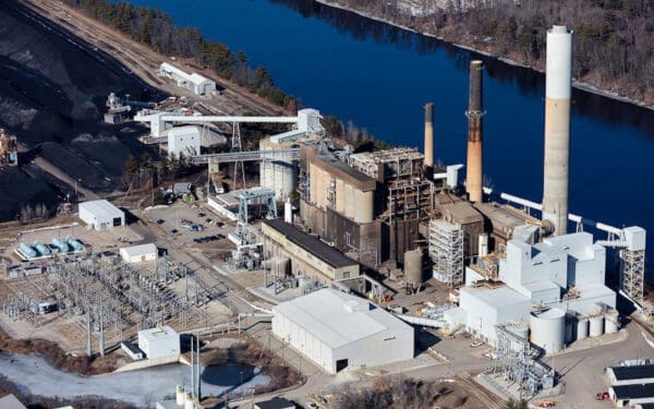 An angled, overhead view of the Merrimack coal station.