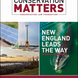 Cover of Conservation Matters. Text says "Conservation Matters. Conservation Law Foundation. New England Leads the Way. 2023 Impact Report. CLF. Text overlays photos of solar panels, a wind turbine, a waterfront community, and a North Atlantic right whale.