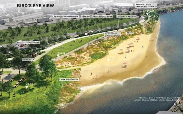 A rendering of a shoreline beach in Boston as part of Climate Ready Boston