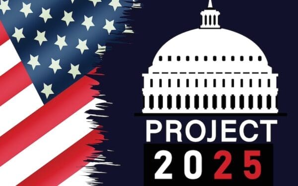 Corner of an American flag on the left, and illustration of the United States capital on the right, with the words “Project 2025” below