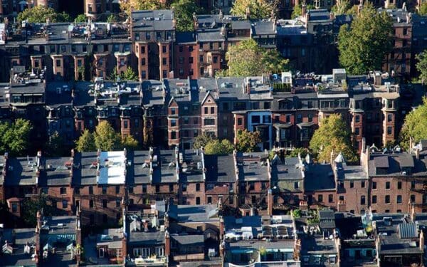 Rows of homes in a Boston neighborhood viewed from above