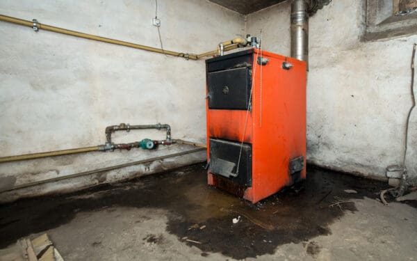 A bright orange, clearly outdated furnace with leaking water underneath it in a basement.