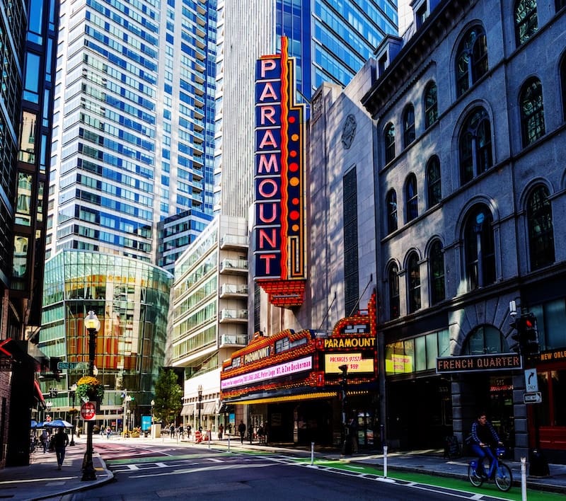 A view of Emerson College's campus in the Boston Theatre District.