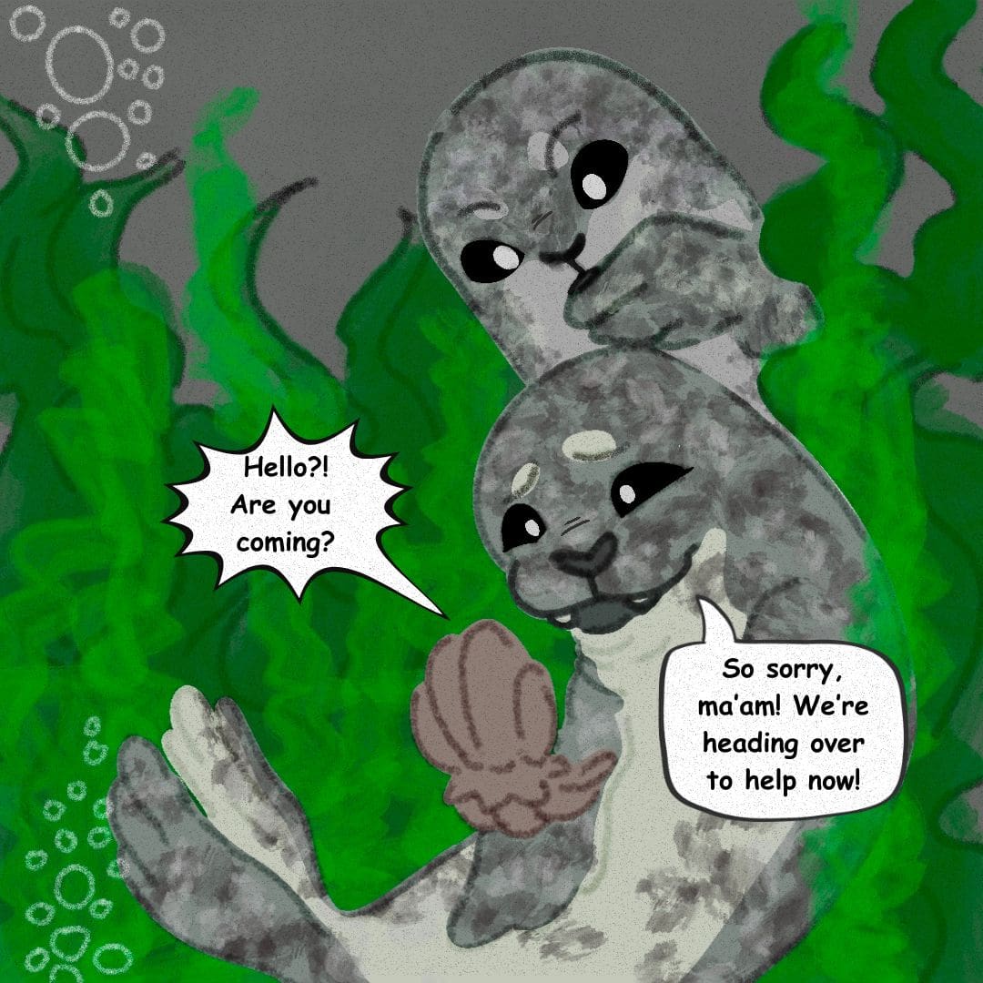 Over the phone, the turtle says, "Hello?! Are you coming?" Sally the seal says, "So sorry, ma'am! We're heading over to help now!"