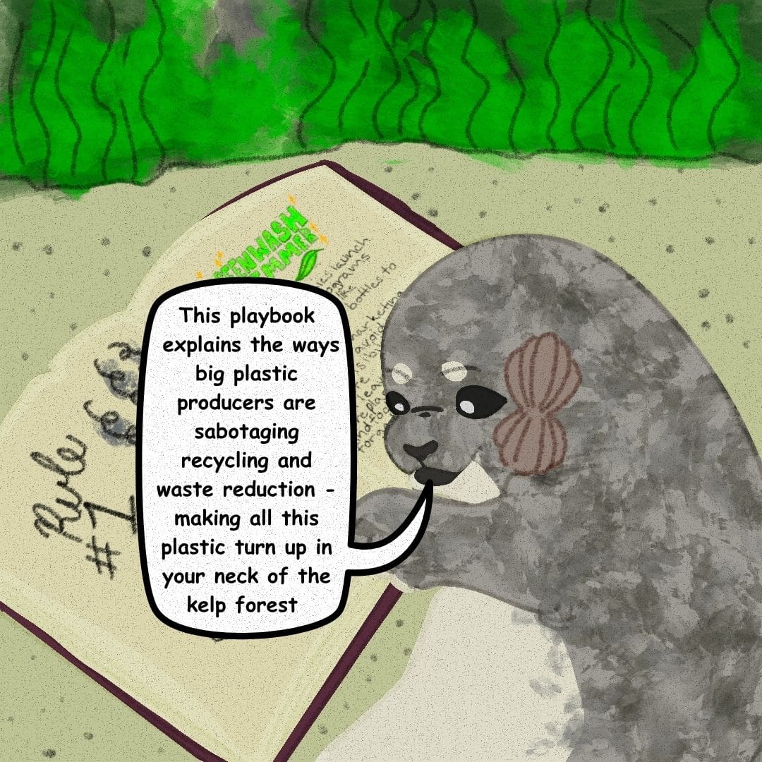 Sally the seal opens the book and says, "This playbook explains the ways big plastic producers are sabotaging recycling and waste reduction - making all this plastic turn up in your neck of the kelp forest."
