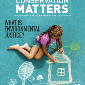 Magazine cover showing a child drawing a house with chalk. Text reads Conservation Matters, a journal of Conservation Law Foundation. What is Environmental Justice.