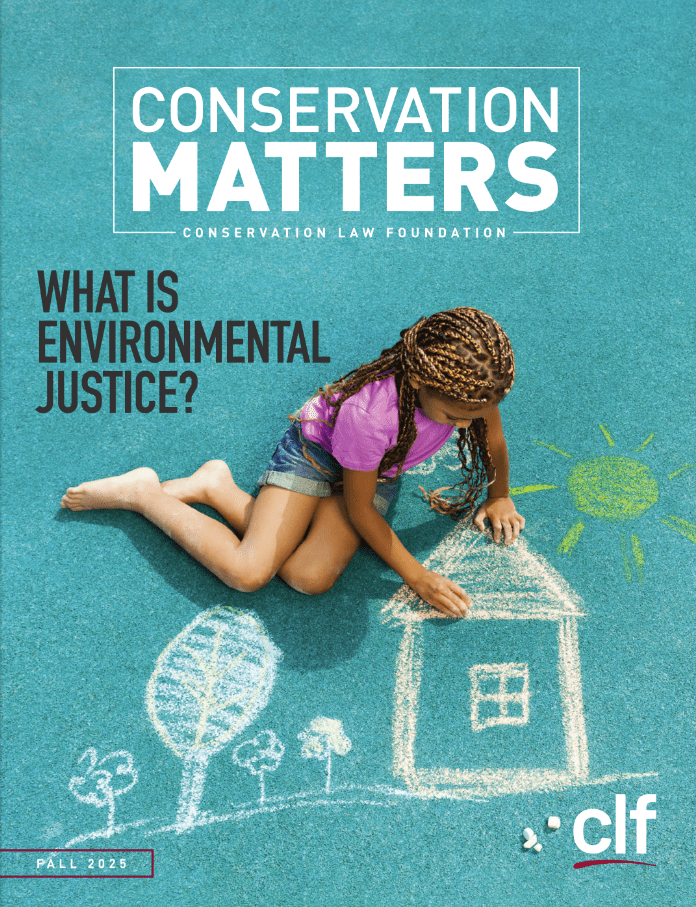 Magazine cover showing a child drawing a house with chalk. Text reads Conservation Matters, a journal of Conservation Law Foundation. What is Environmental Justice.