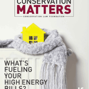 Magazine cover showing a small yellow cut-out house wrapped in a gray scarf. The house is not the actual size. Text reads Conservation Matters, a journal of Conservation Law Foundation. What's Fueling Your High Energy Bills.