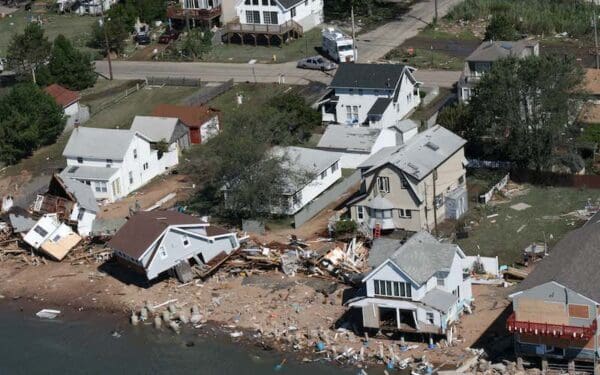 An aerial view of homes damaged and destroyed